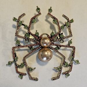 Spider Brooch Pin Pink Peridot Green Rhinestones Cryatals Pearls Large Garden